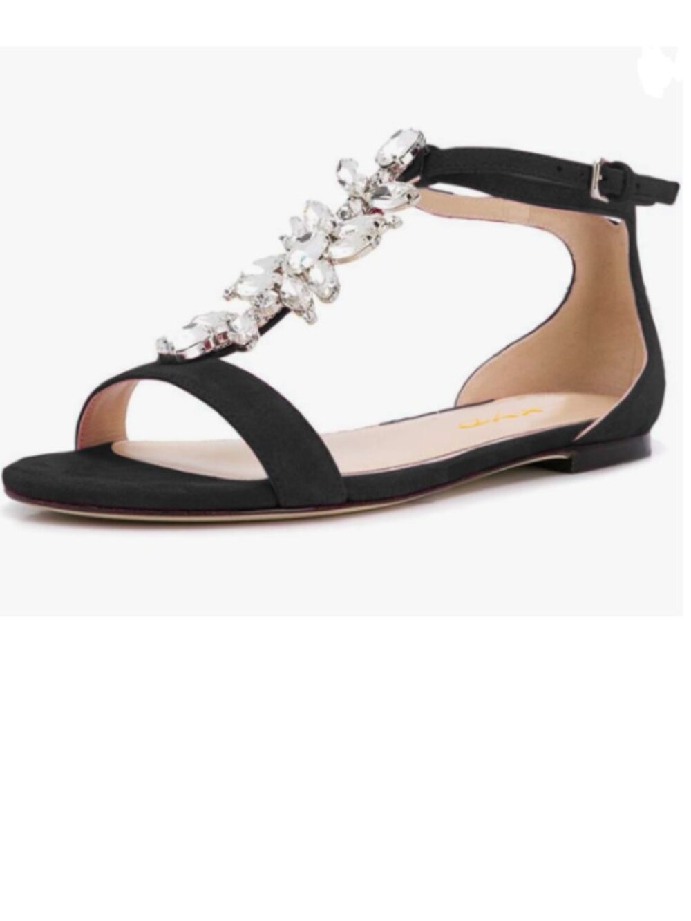 XYD Black Open Toe Rhinestone T-Strap Flat Sandals Ankle Strap Low Heel Shoes